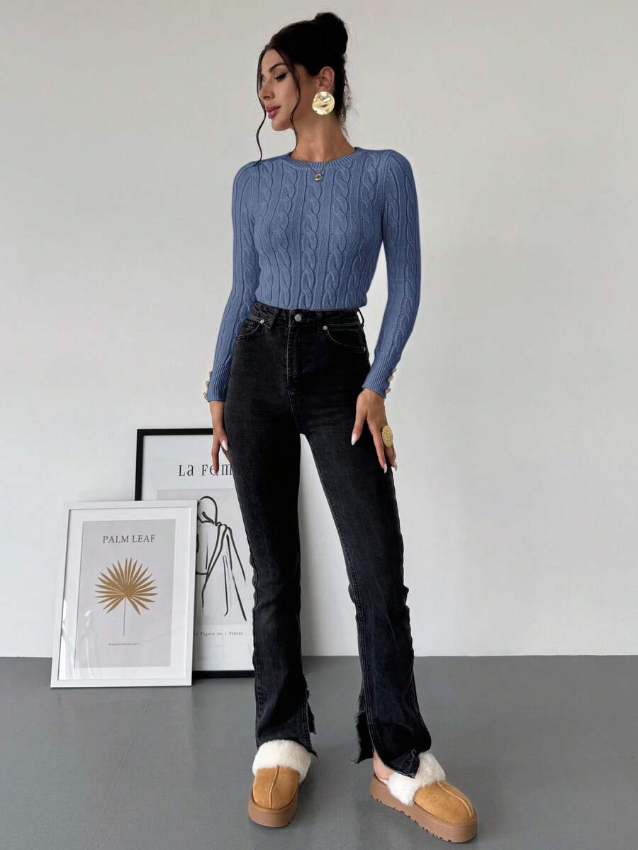 Nerissa Slim Cable Knit Sweater with Crew Neck and Button Detail - Dusty Blue