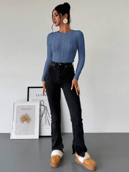 Nerissa Slim Cable Knit Sweater with Crew Neck and Button Detail - Dusty Blue