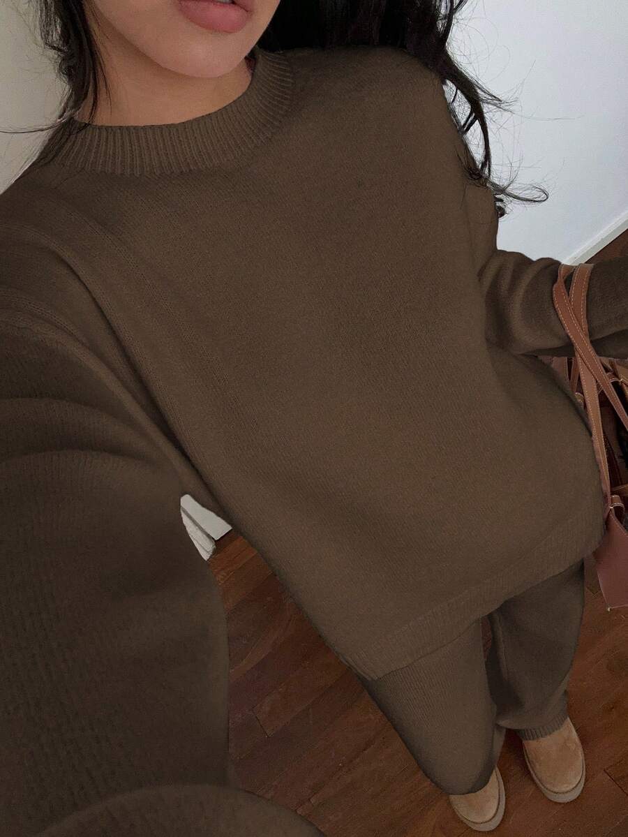 Davos Drop Shoulder Sweater and Knit Pants Set - Chocolate Brown