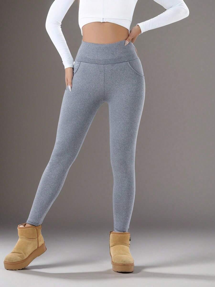 Isolde High Waist Brushed Thermal Leggings with Pockets - Light Grey