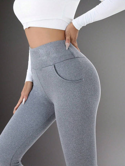 Isolde High Waist Brushed Thermal Leggings with Pockets - Light Grey