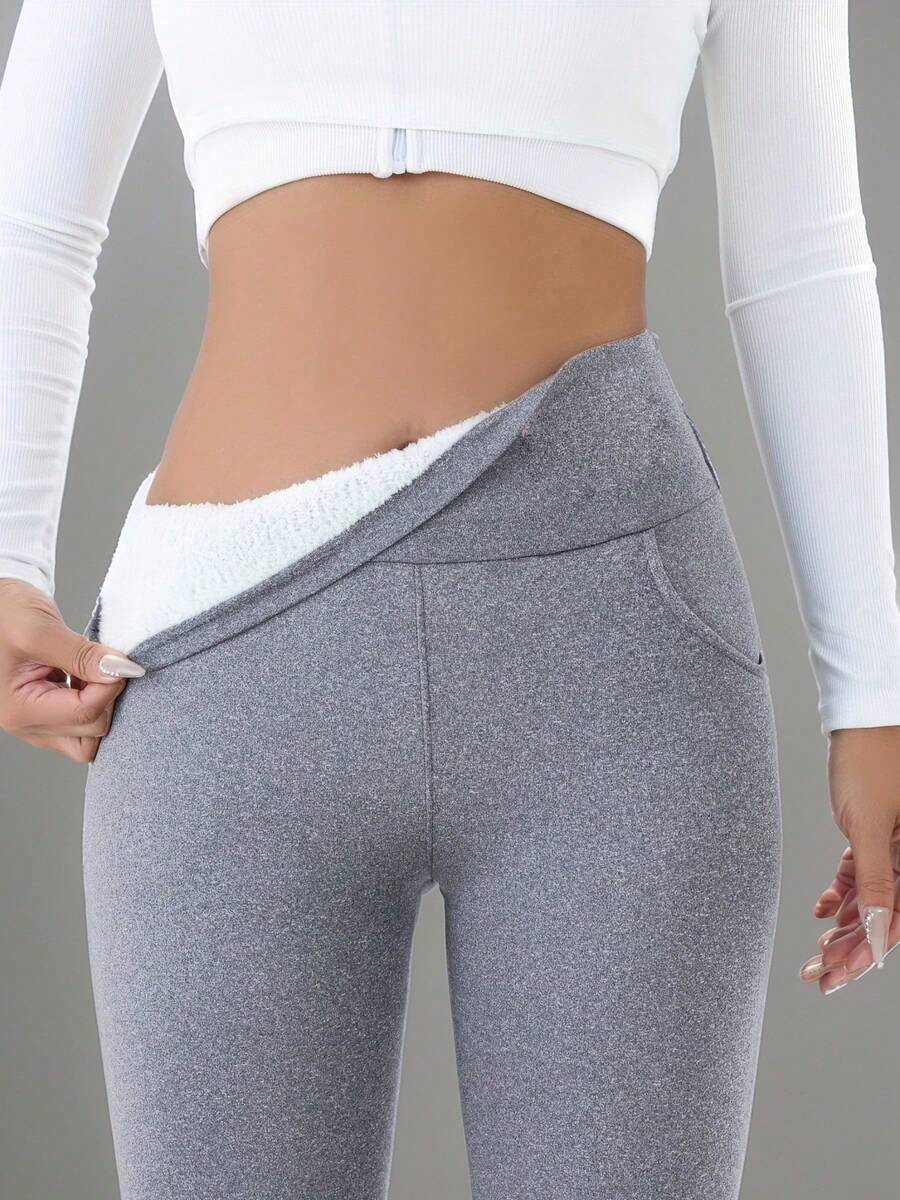 Isolde High Waist Brushed Thermal Leggings with Pockets - Light Grey