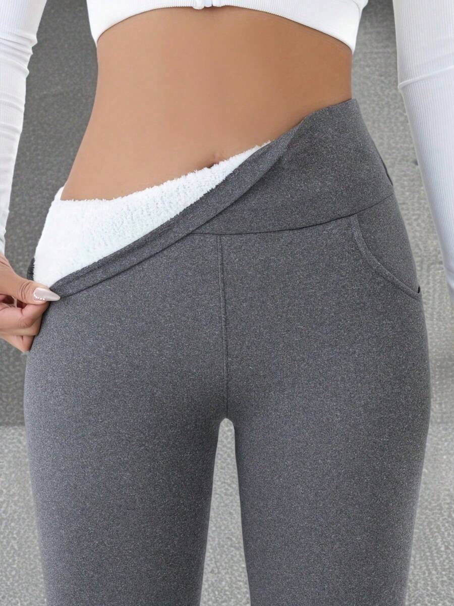Isolde High Waist Brushed Thermal Leggings with Pockets - Slate Grey