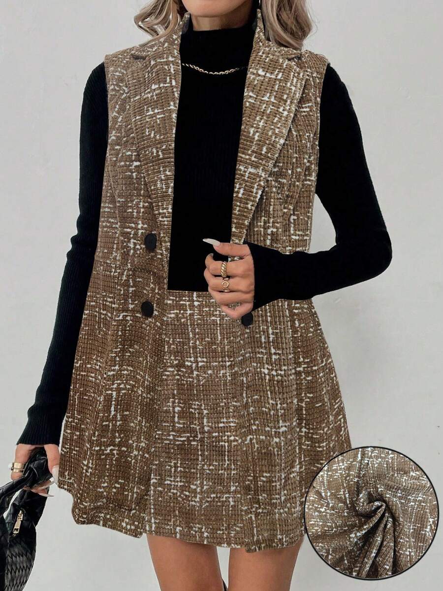 Sadie Two Piece Set Sleeveless Blazer Vest and Mini Skirt - Khaki Tweed