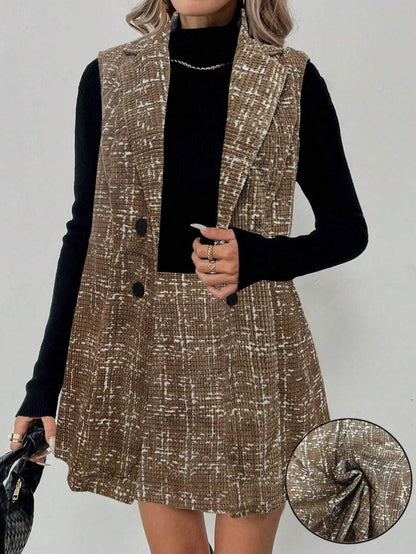 Sadie Two Piece Set Sleeveless Blazer Vest and Mini Skirt - Khaki Tweed