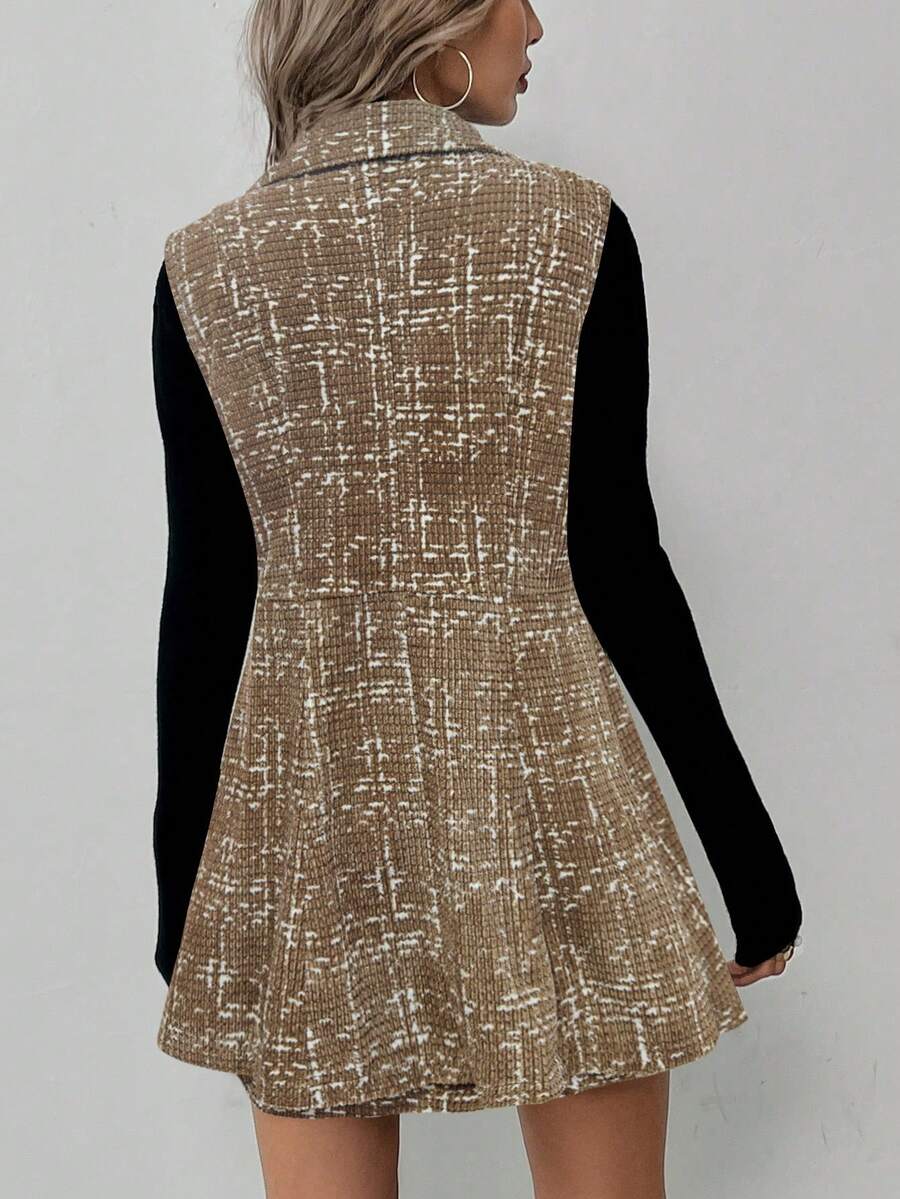 Sadie Two Piece Set Sleeveless Blazer Vest and Mini Skirt - Khaki Tweed