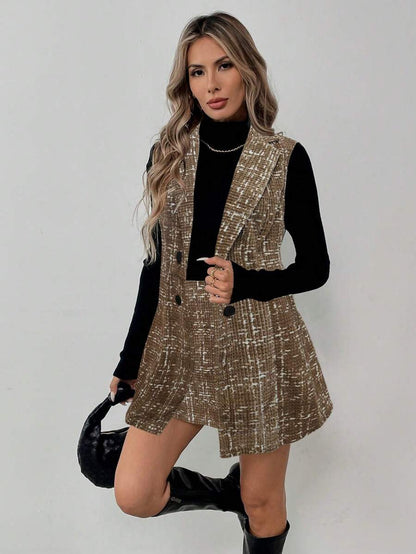 Sadie Two Piece Set Sleeveless Blazer Vest and Mini Skirt - Khaki Tweed