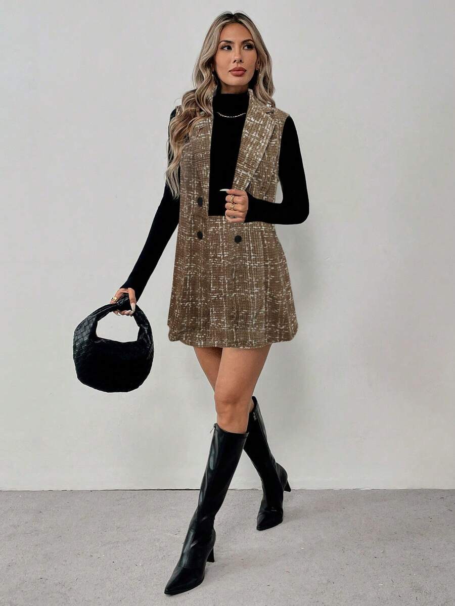 Sadie Two Piece Set Sleeveless Blazer Vest and Mini Skirt - Khaki Tweed