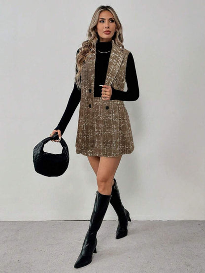 Sadie Two Piece Set Sleeveless Blazer Vest and Mini Skirt - Khaki Tweed