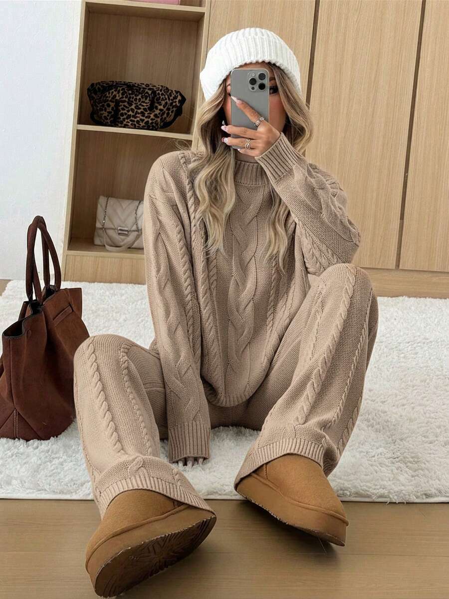 Ginevra 2 Piece Sweater Set Cable Knit Pullover and Wide Leg Pants - Taupe