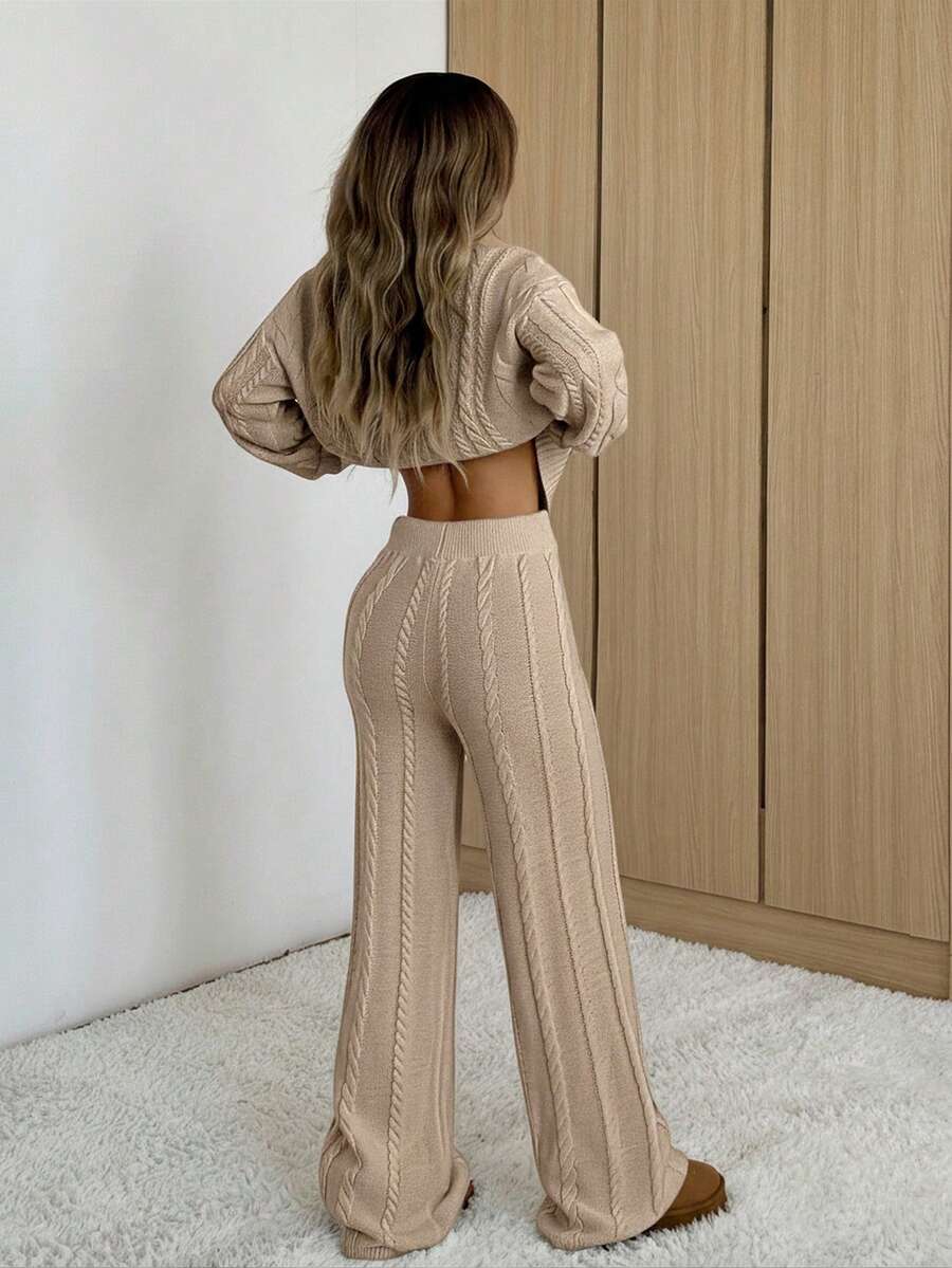 Ginevra 2 Piece Sweater Set Cable Knit Pullover and Wide Leg Pants - Taupe
