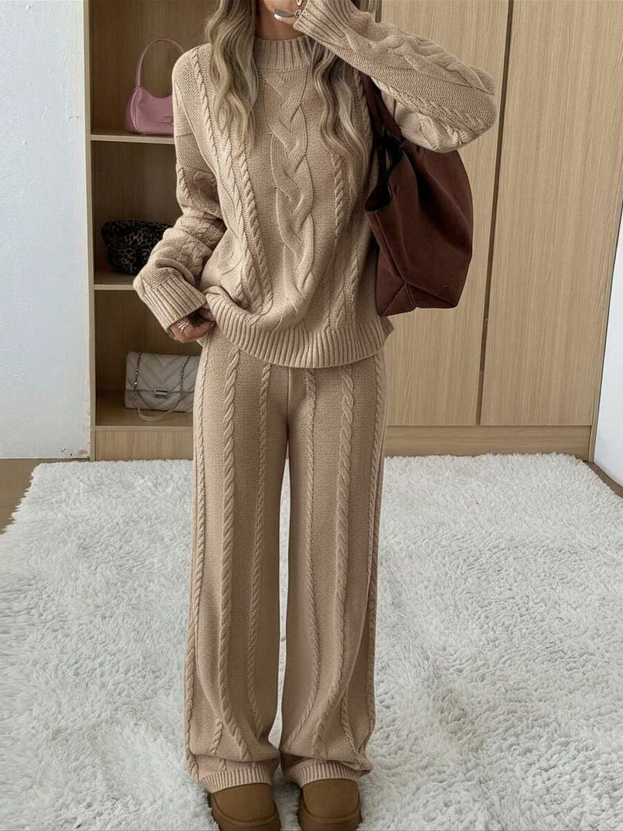 Ginevra 2 Piece Sweater Set Cable Knit Pullover and Wide Leg Pants - Taupe