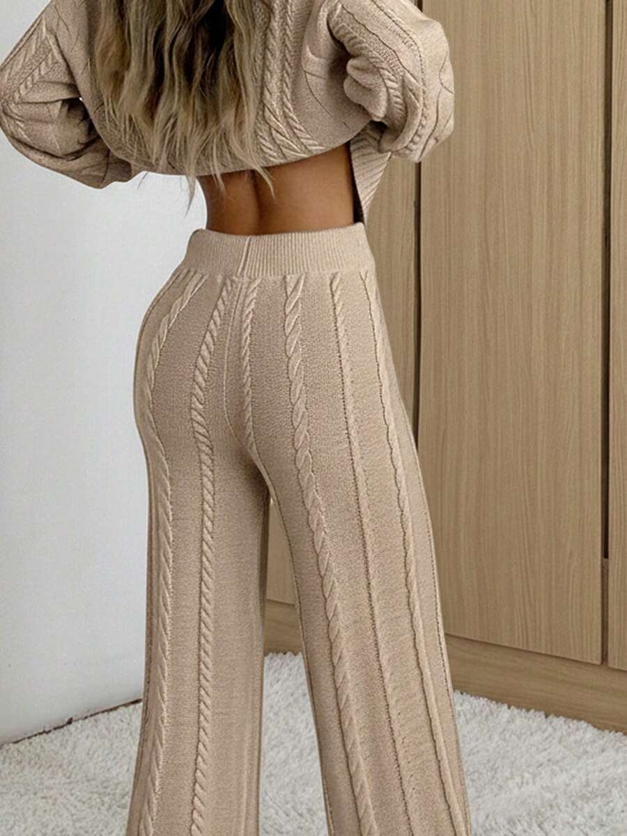 Ginevra 2 Piece Sweater Set Cable Knit Pullover and Wide Leg Pants - Taupe