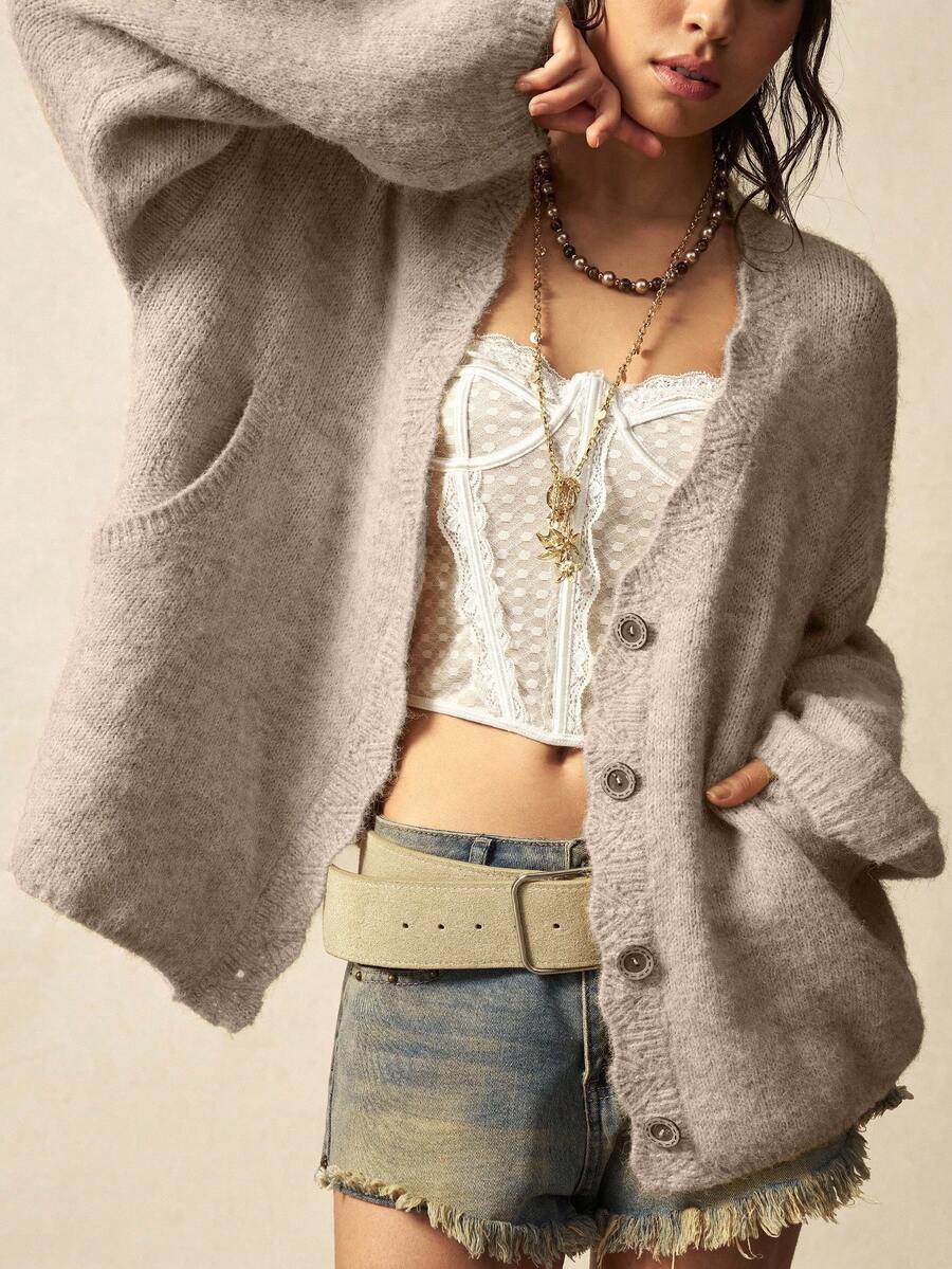Megeve Oversized Fuzzy Knit Button Front Cardigan