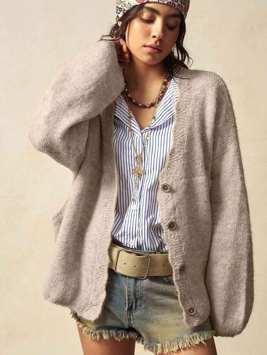 Megeve Oversized Fuzzy Knit Button Front Cardigan