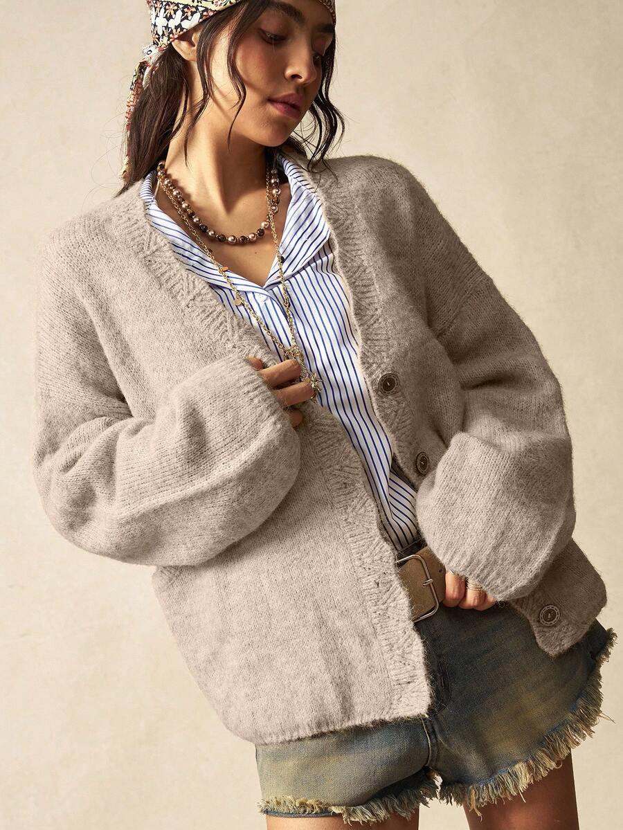 Megeve Oversized Fuzzy Knit Button Front Cardigan