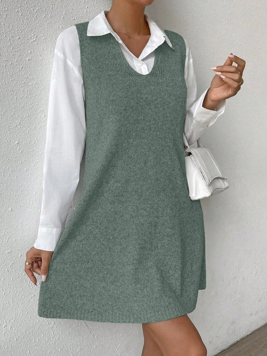 Amara Marled Knit Sleeveless Sweater Dress - Olive Green