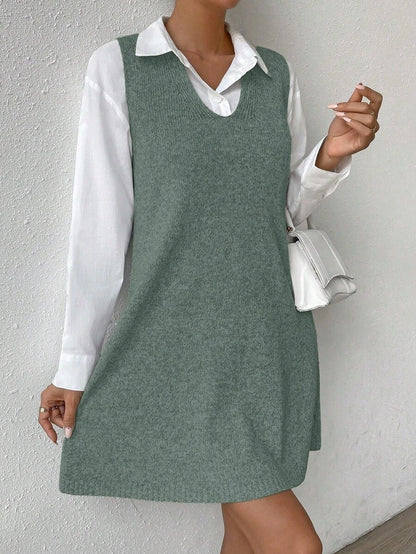 Amara Marled Knit Sleeveless Sweater Dress - Olive Green