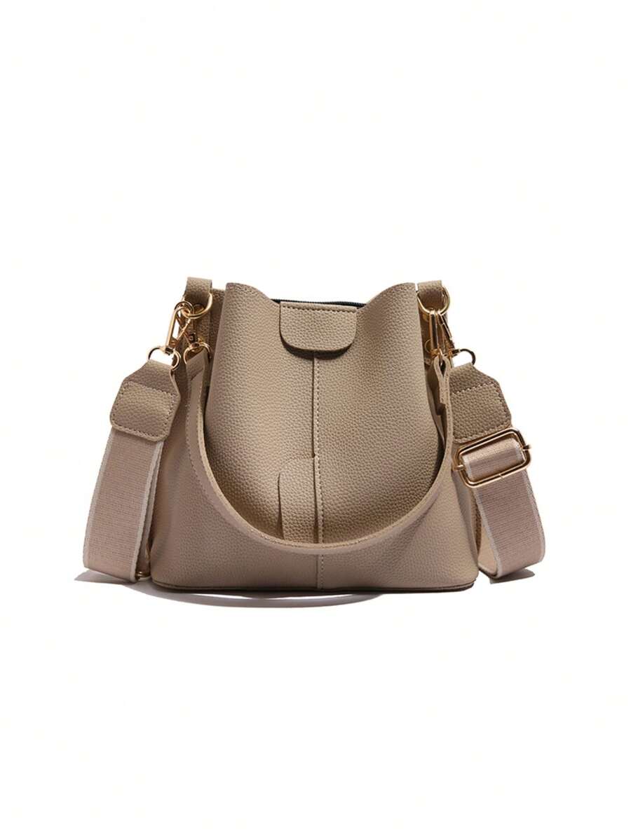 Lausanne Suede Look Bucket Bag with Wide Shoulder Strap - Khaki