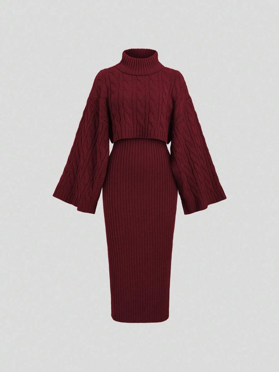 Women's Cable Knit Cropped Sweater and Slip Dress Set, Two Piece Knit Outfit for Fall - Apricot