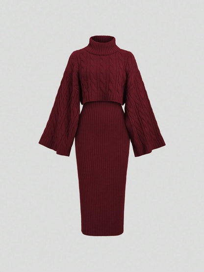 Women's Cable Knit Cropped Sweater and Slip Dress Set, Two Piece Knit Outfit for Fall - Apricot