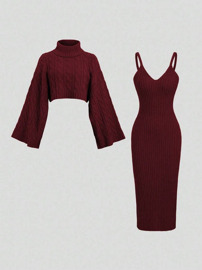 Women's Cable Knit Cropped Sweater and Slip Dress Set, Two Piece Knit Outfit for Fall - Red