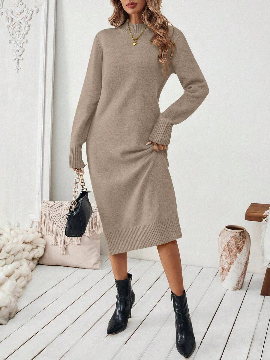 Severine Stand Collar Midi Sweater Dress with Side Split - Khaki
