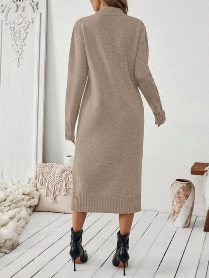 Severine Stand Collar Midi Sweater Dress with Side Split - Black