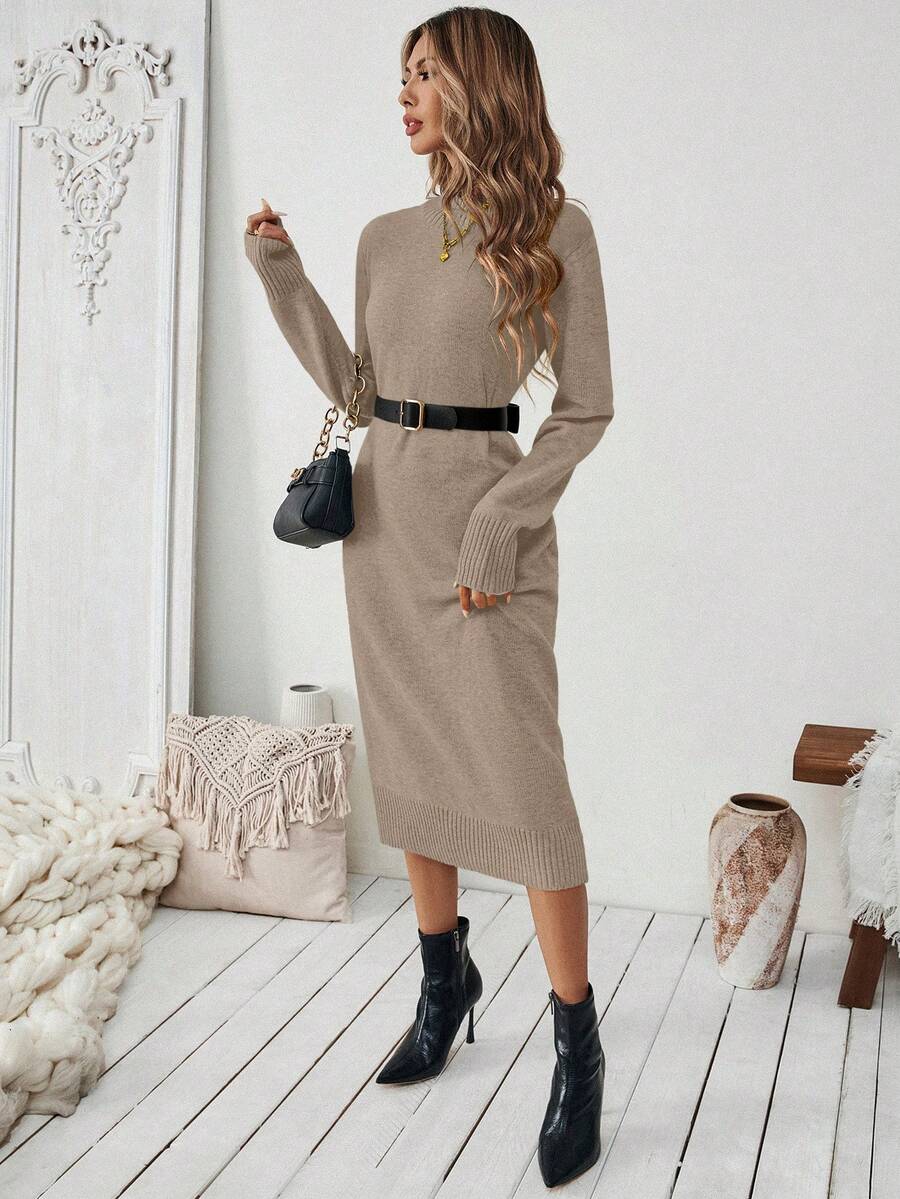 Severine Stand Collar Midi Sweater Dress with Side Split - Burgundy