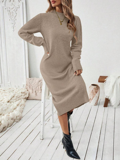 Severine Stand Collar Midi Sweater Dress with Side Split - Khaki