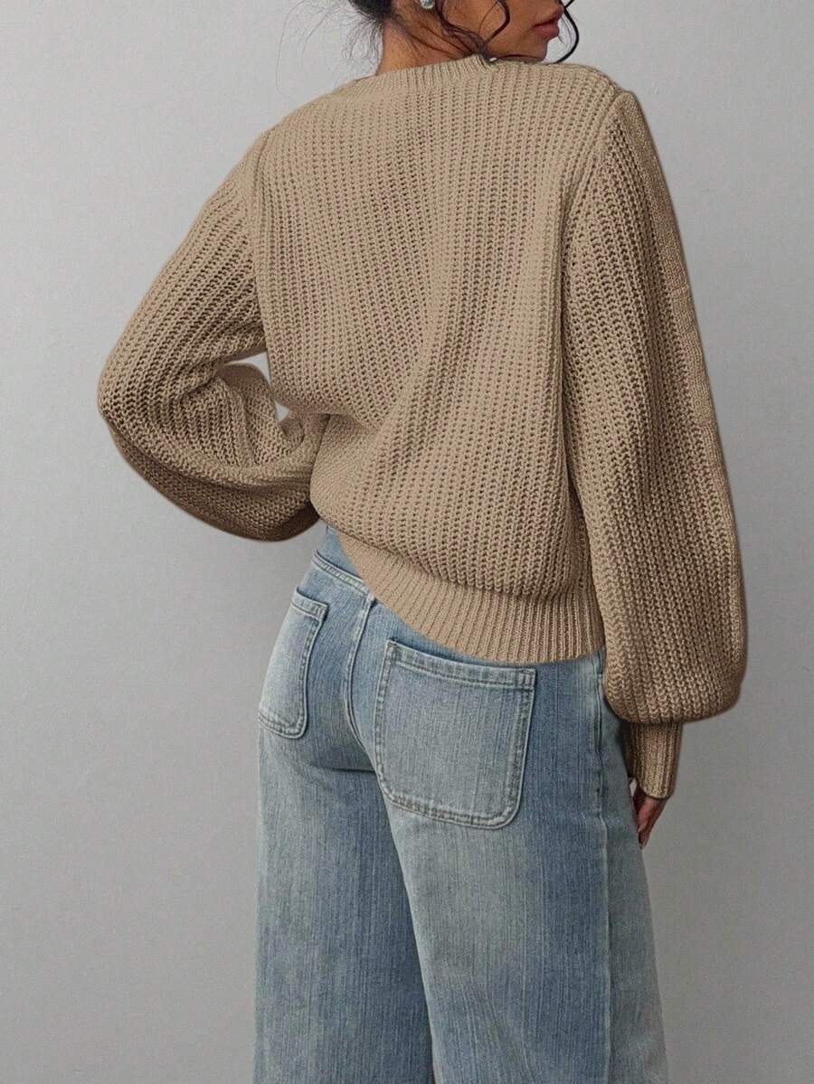Aurelia Chunky Waffle Knit Crew Neck Relaxed Sweater - Camel