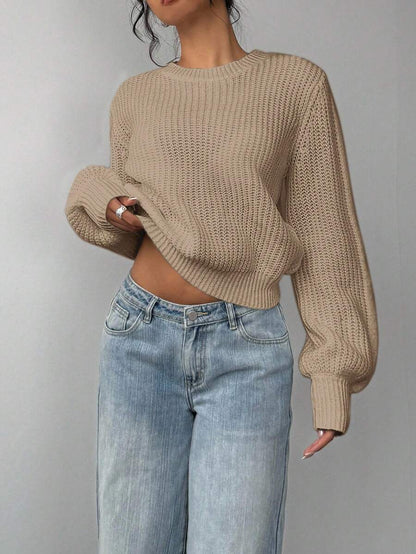 Aurelia Chunky Waffle Knit Crew Neck Relaxed Sweater - Camel