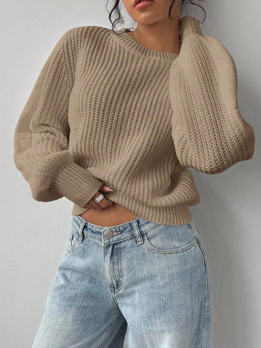 Aurelia Chunky Waffle Knit Crew Neck Relaxed Sweater - Camel