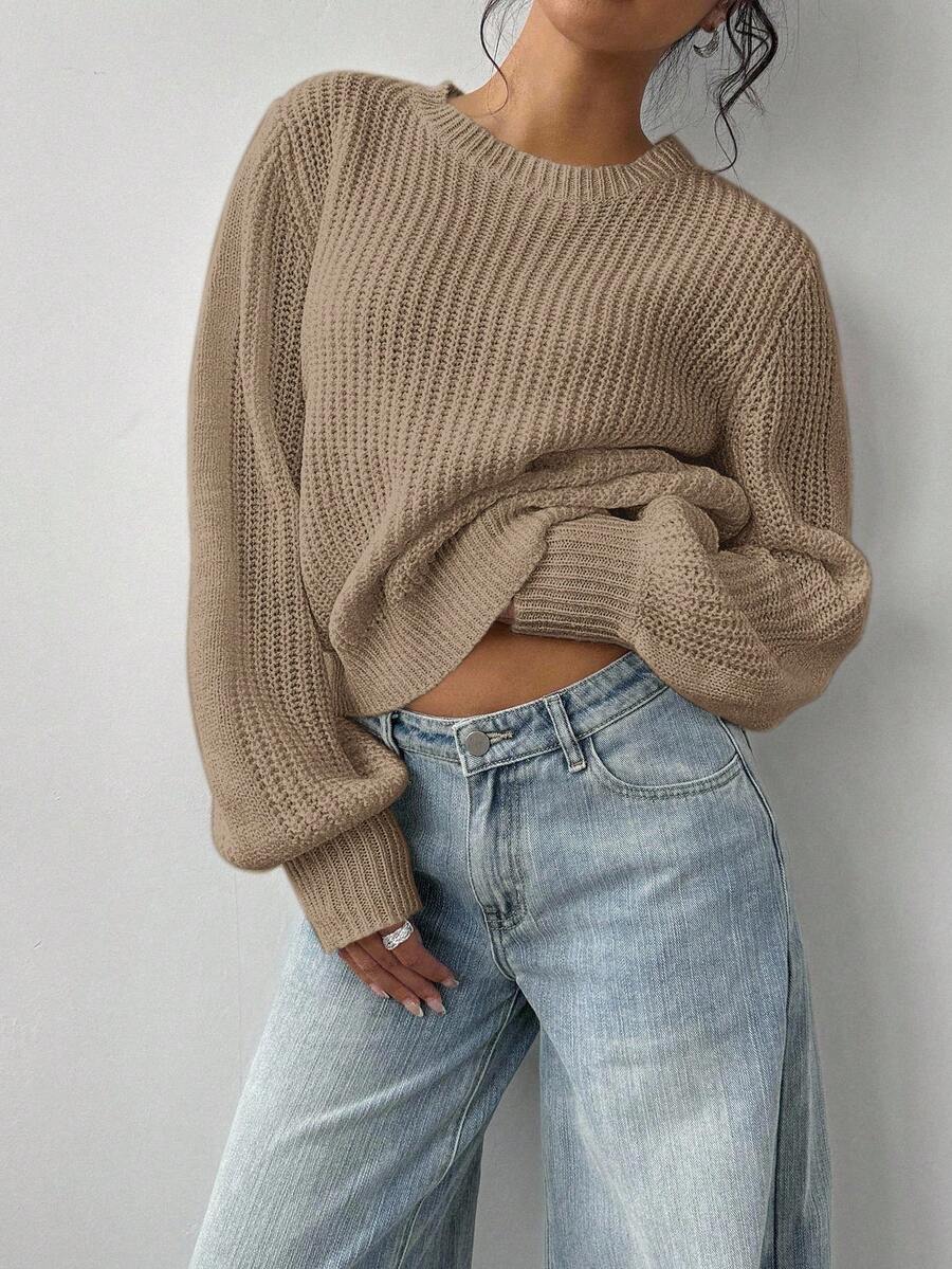 Aurelia Chunky Waffle Knit Crew Neck Relaxed Sweater - Camel
