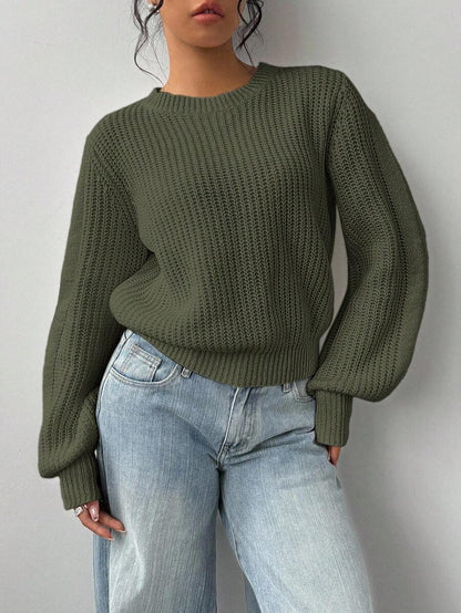 Aurelia Chunky Waffle Knit Crew Neck Relaxed Sweater - Army Green