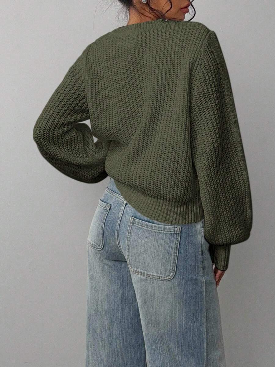 Aurelia Chunky Waffle Knit Crew Neck Relaxed Sweater - Army Green