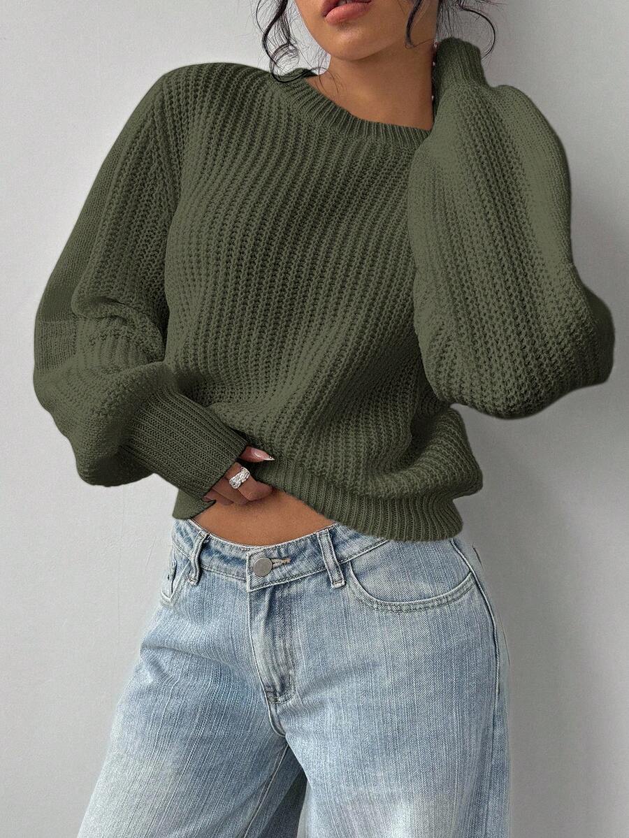 Aurelia Chunky Waffle Knit Crew Neck Relaxed Sweater - Army Green