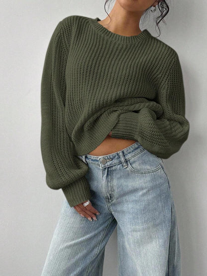 Aurelia Chunky Waffle Knit Crew Neck Relaxed Sweater - Army Green