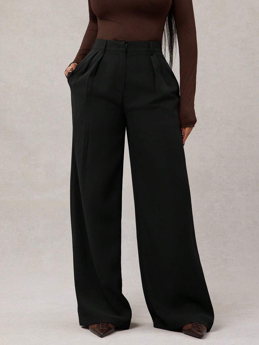 Theodora High Waist Pleated Oversized Wide Leg Suit Trousers - Black