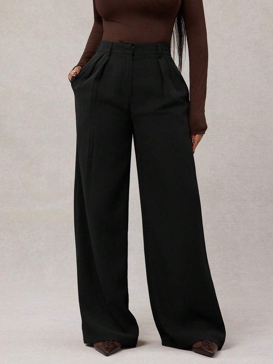 Theodora High Waist Pleated Oversized Wide Leg Suit Trousers - Black