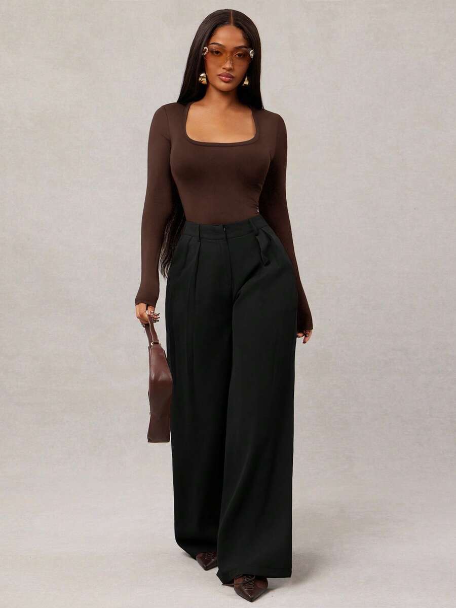 Theodora High Waist Pleated Oversized Wide Leg Suit Trousers - Black