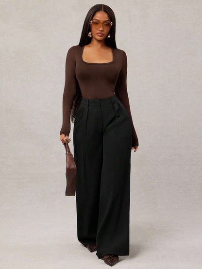 Theodora High Waist Pleated Oversized Wide Leg Suit Trousers - Black