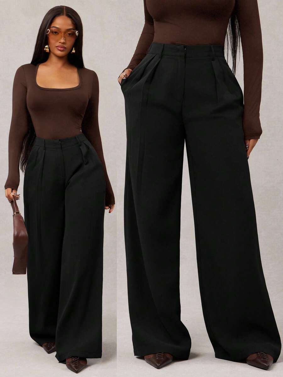 Theodora High Waist Pleated Oversized Wide Leg Suit Trousers - Black