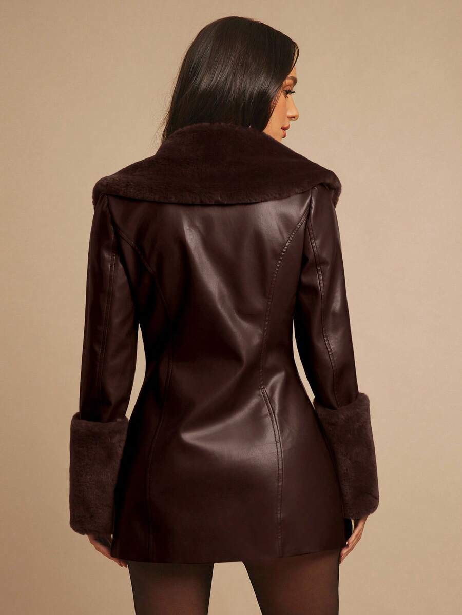 Saint Moritz Faux Fur Collar Double Breasted Faux Leather Jacket