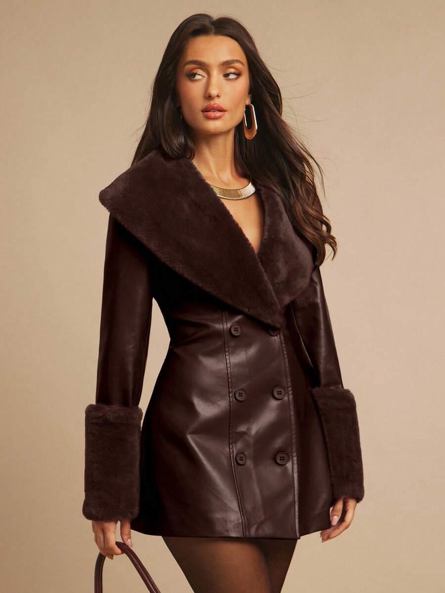 Saint Moritz Faux Fur Collar Double Breasted Faux Leather Jacket