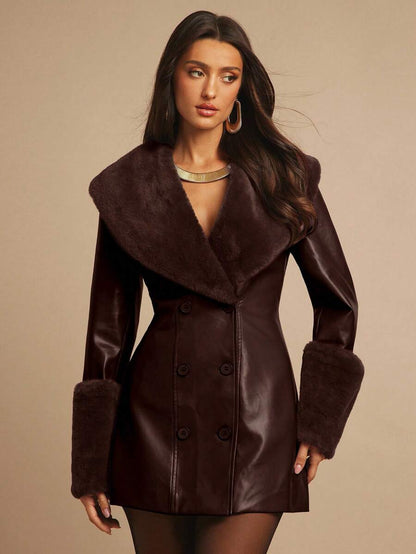 Saint Moritz Faux Fur Collar Double Breasted Faux Leather Jacket