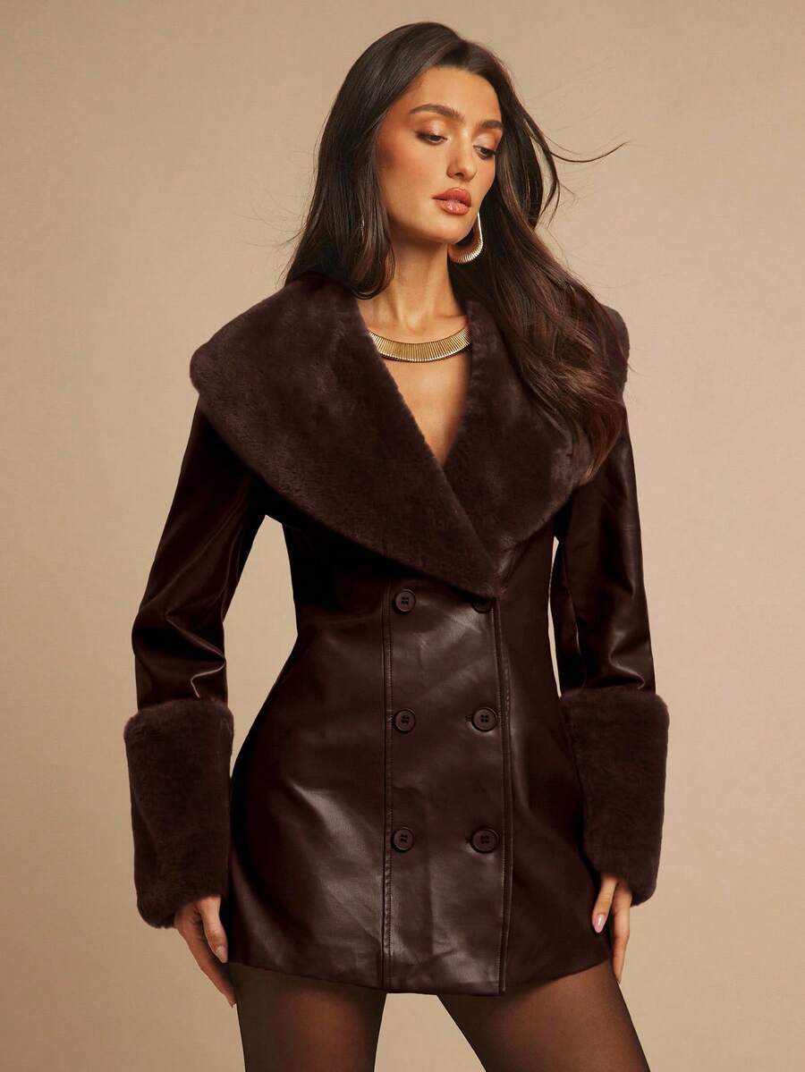 Saint Moritz Faux Fur Collar Double Breasted Faux Leather Jacket