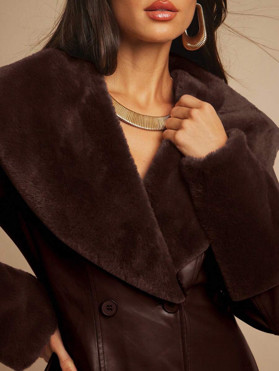 Saint Moritz Faux Fur Collar Double Breasted Faux Leather Jacket