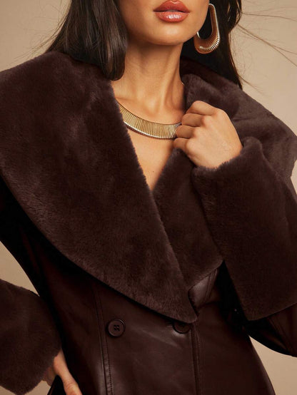 Saint Moritz Faux Fur Collar Double Breasted Faux Leather Jacket