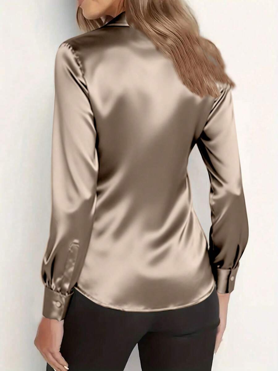 Women's Satin Button Front Long Sleeve Shirt, Silky Blouse for Work and Evening - White